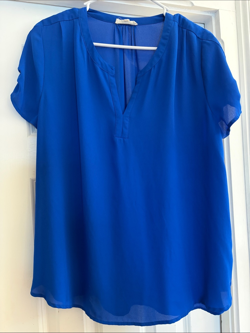 Pleione Cobalt Blue Short Sleeve Split-Neck Blouse